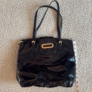 Jimmy Choo Black Patent Leather Tote Bag Purse with Gold Accents